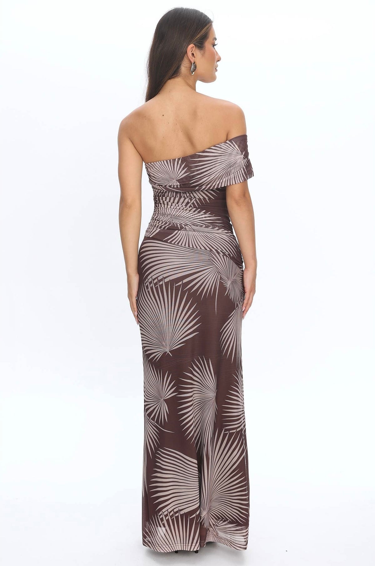 Asymmetric Off The Shoulder Palm Maxi Dress