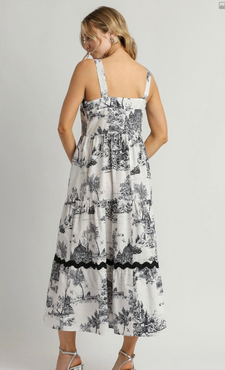Final Sale - Two Tone Landscape Print Tiered Dress