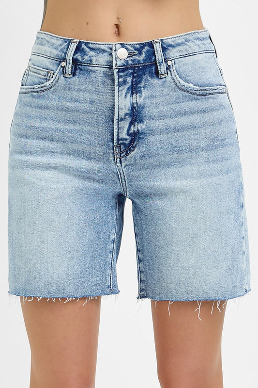 Final Sale - Tummy Control High Rise Mid Length Raw Cut Hem Shorts