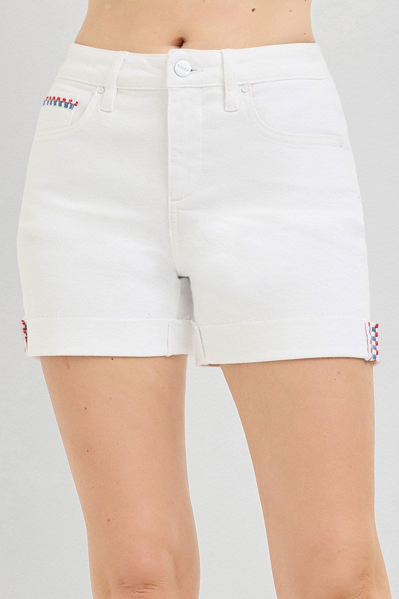 Tummy Control High Rise Cuffed Shorts With Embroidered Details