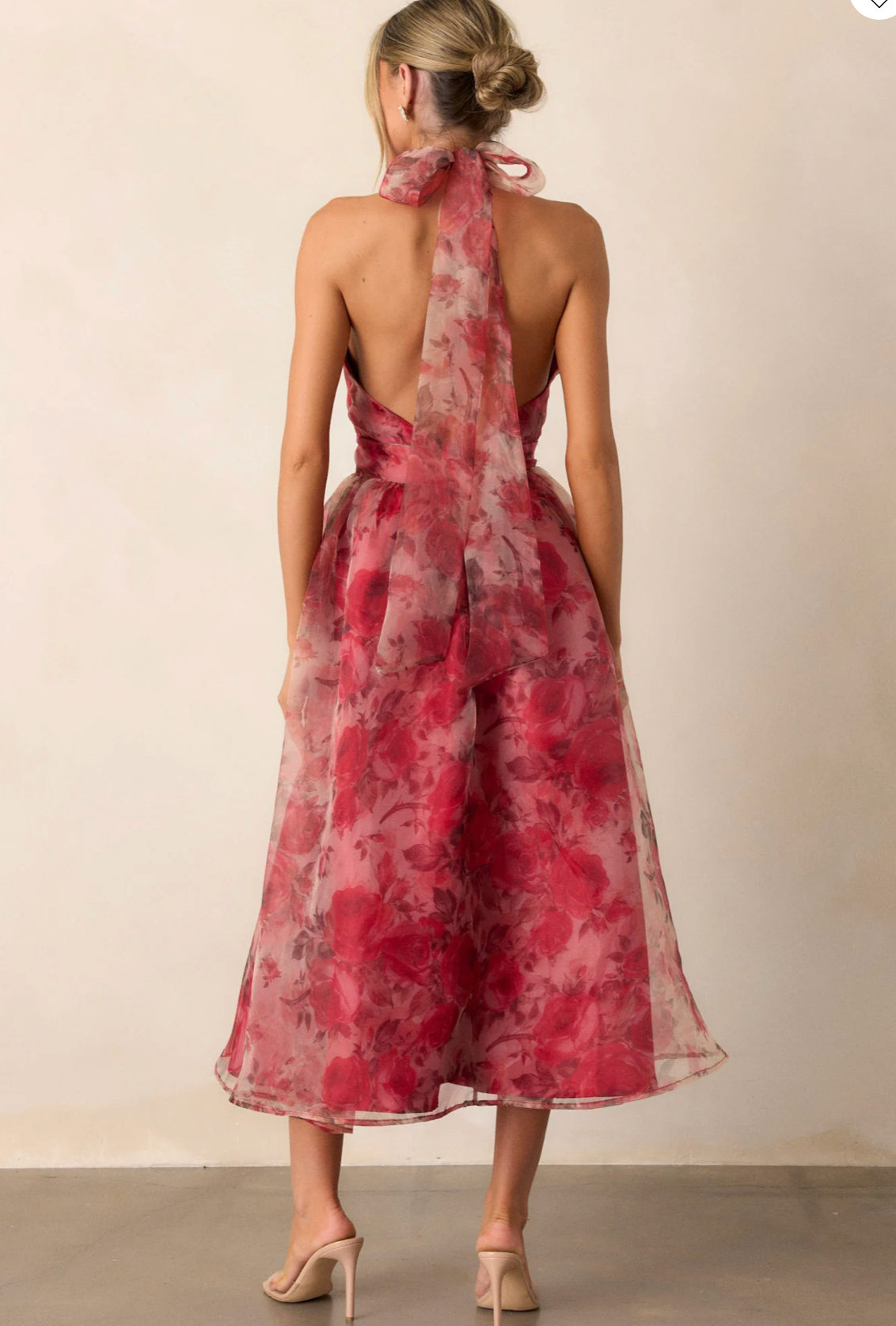 Charming Red Floral Organza Halter Midi Dress