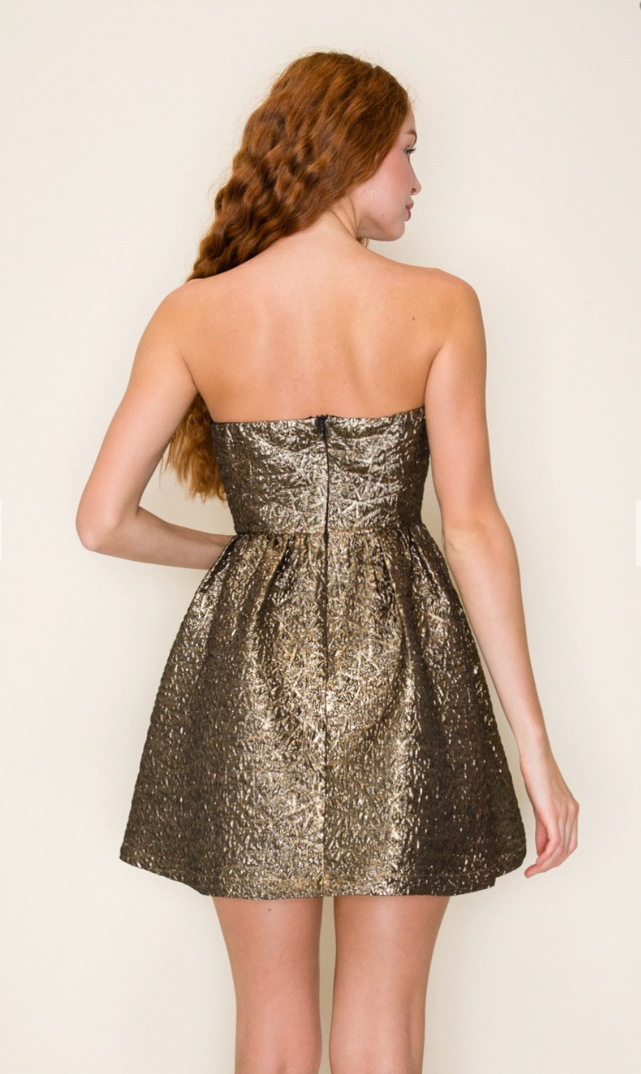 Final Sale - Metallic Tube Strapless Front Bow Mini Dress