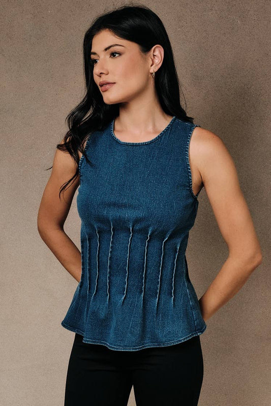 Pleated Fit & Flare Denim Top
