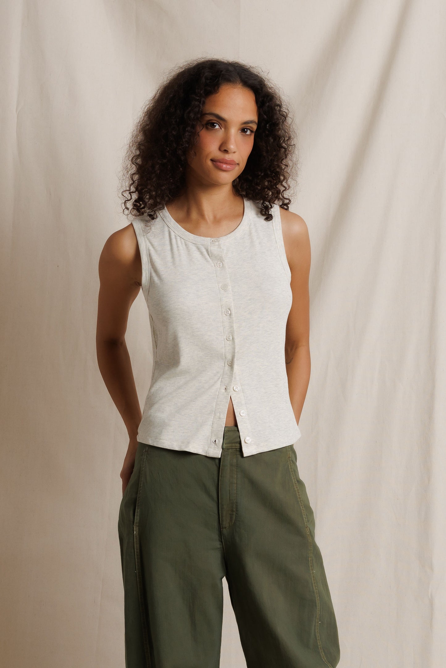 Andrea Luxe Rib Button-Up Tanks