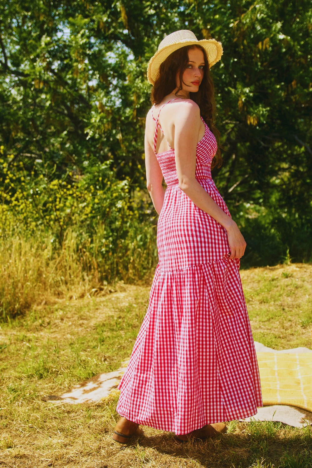 All Over Check Print Smocked Maxi Dress