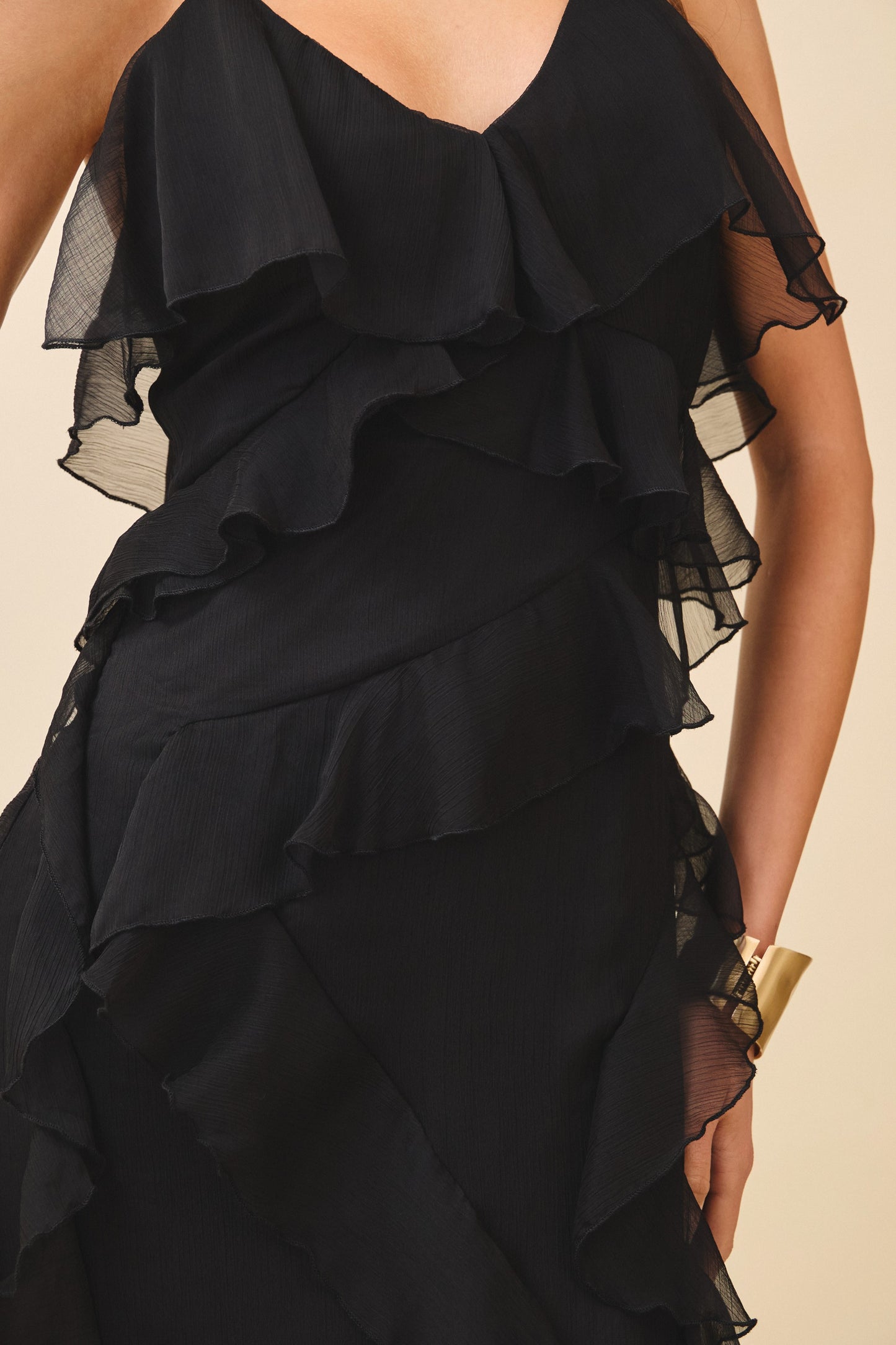 Cascading Layered Ruffle Detail V Neck Midi Dress