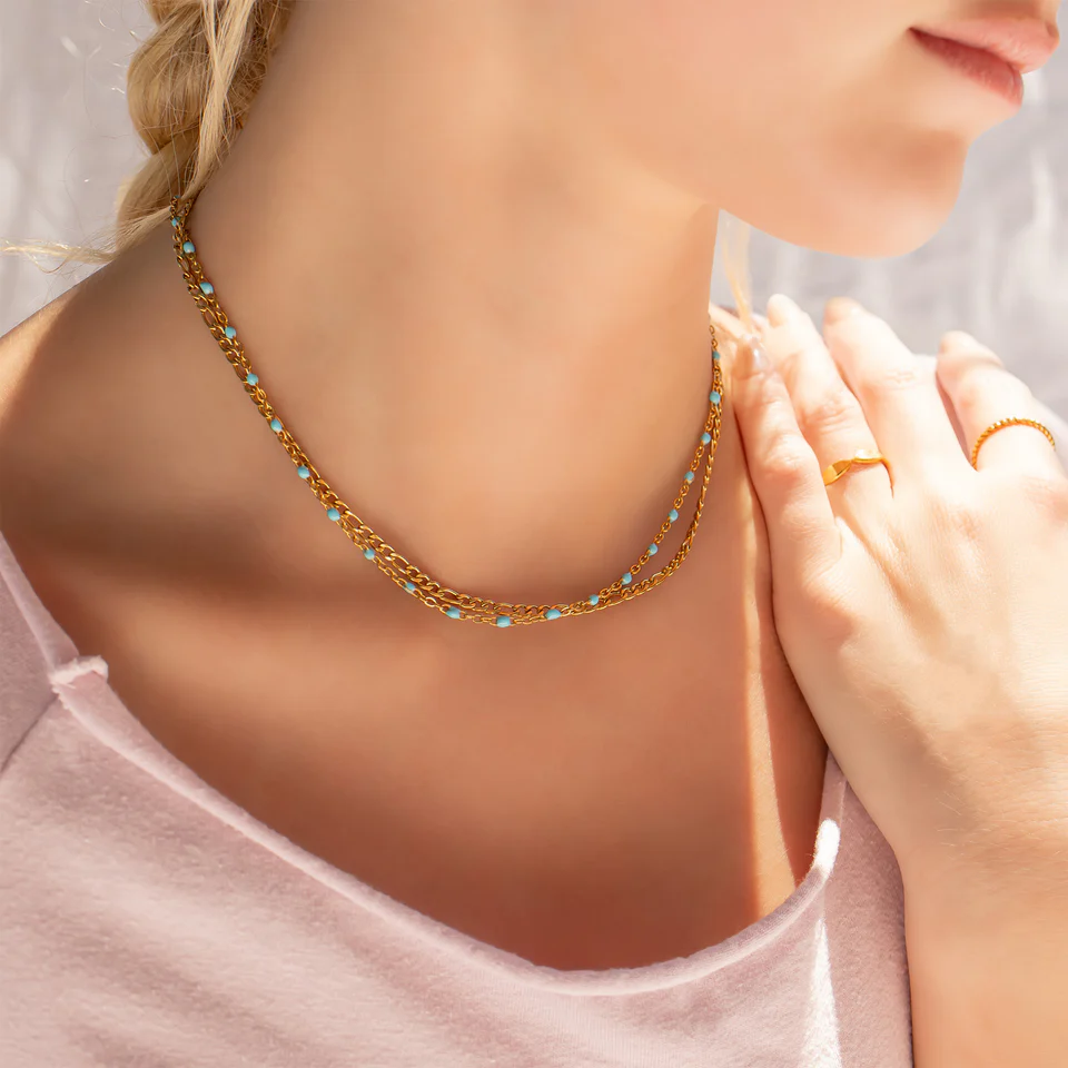 18K Gold Stainless Steel Turquoise Chain Necklace