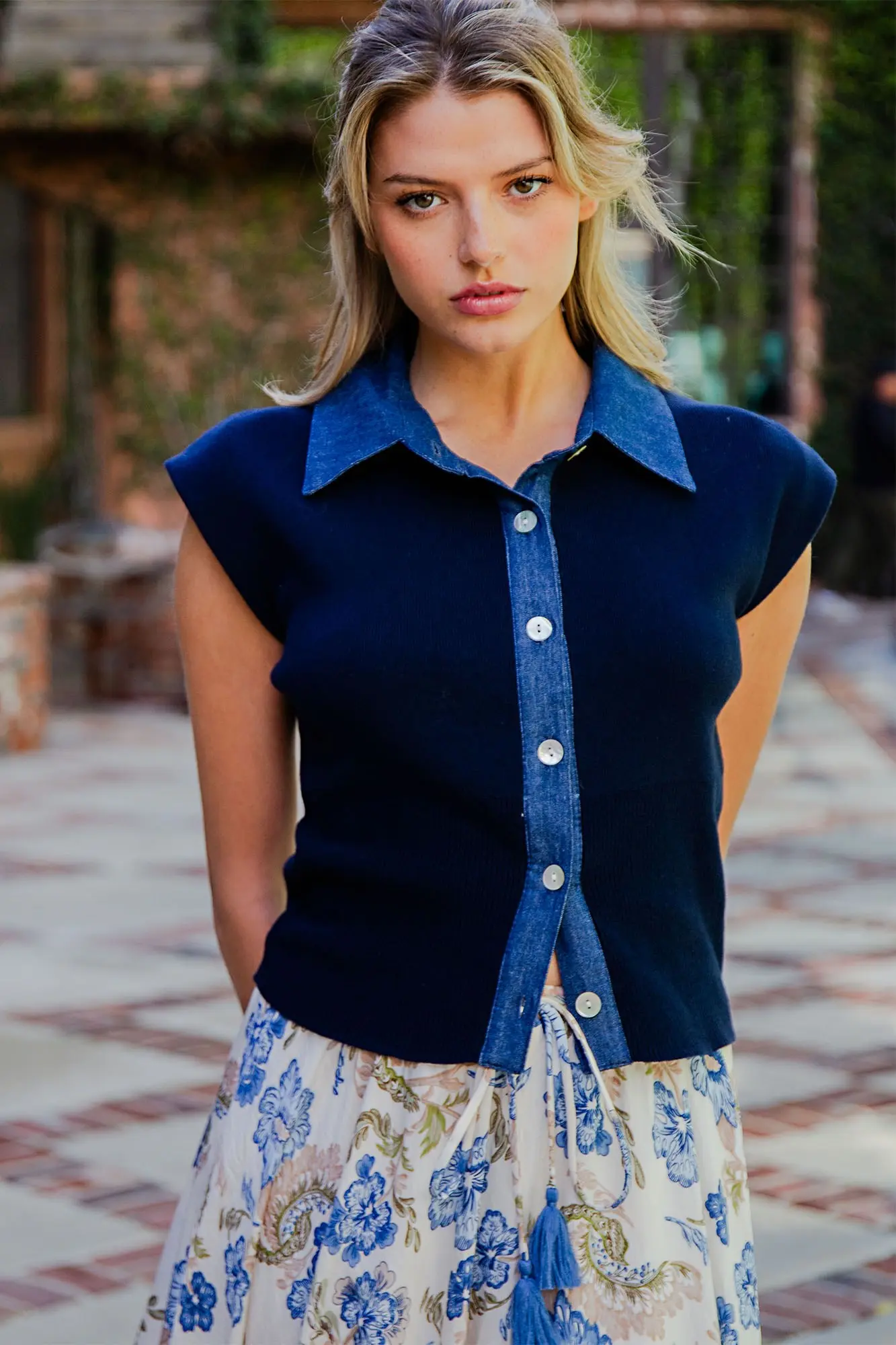 Denim Contrast Cap Sleeve Knit Top