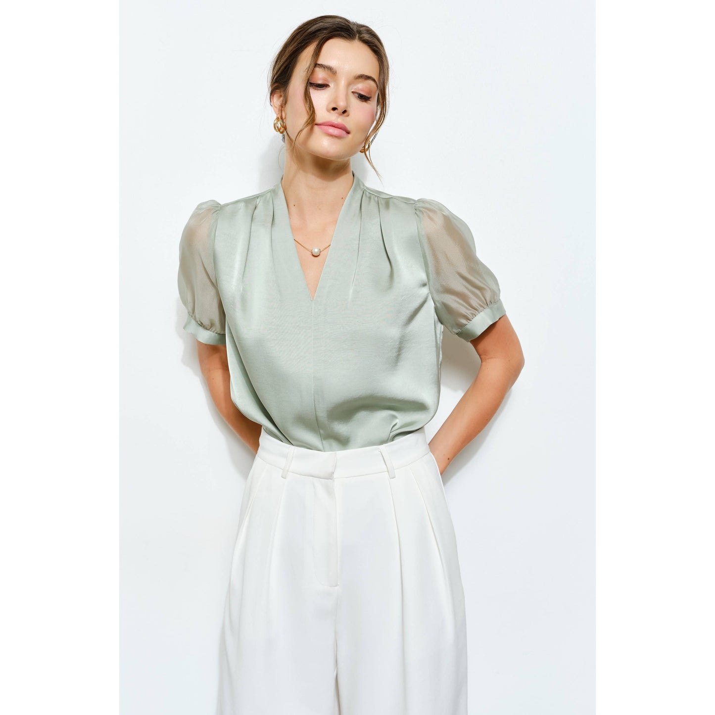 Sheer Puff Sleeve Satin V-Neck Blouse