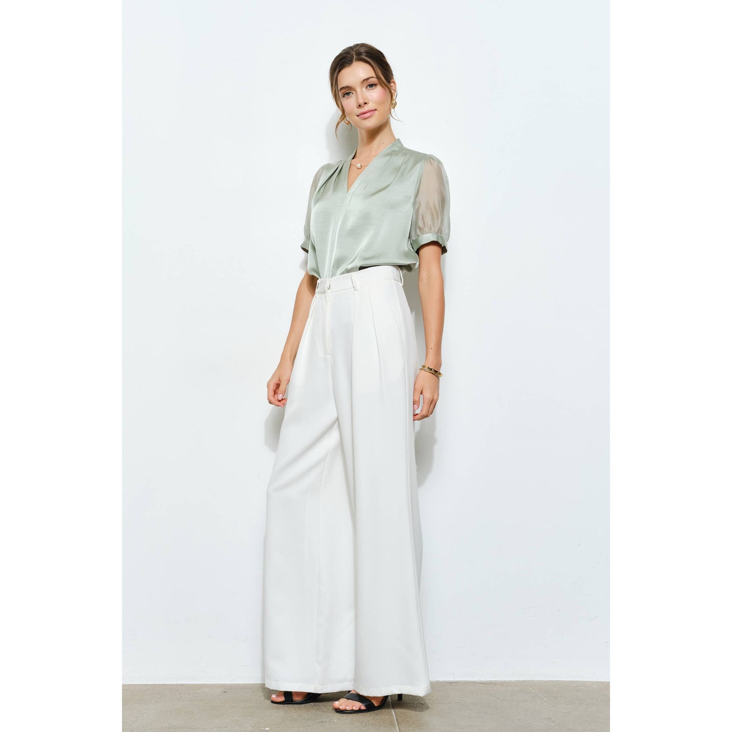 Sheer Puff Sleeve Satin V-Neck Blouse