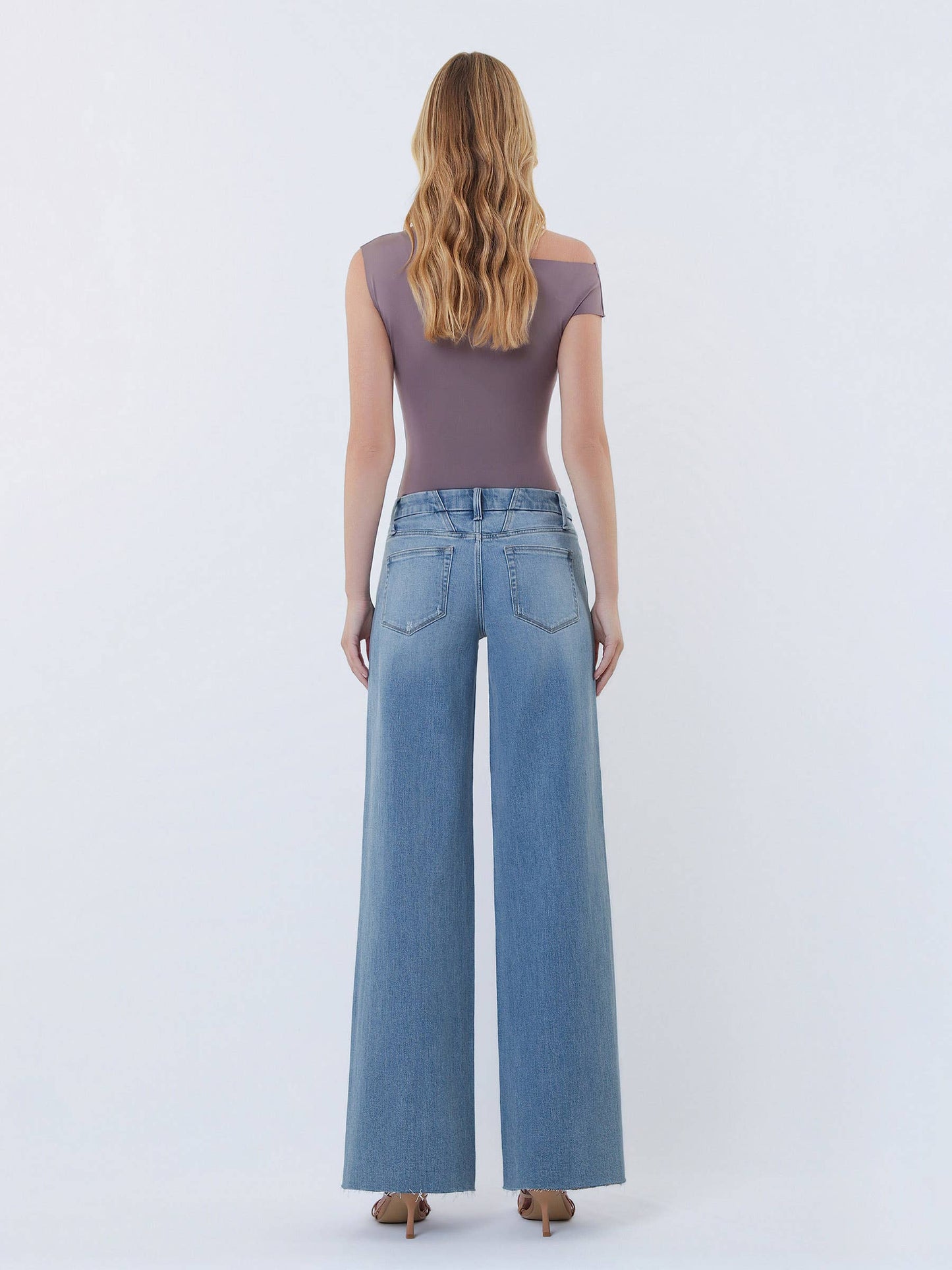 Mid Rise Clean Cut Raw Hem Wide Leg Jeans