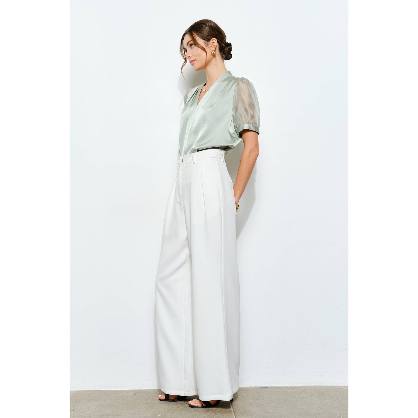 Sheer Puff Sleeve Satin V-Neck Blouse