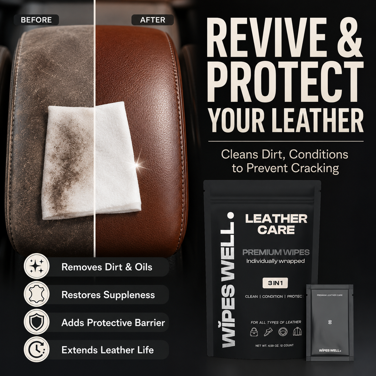 Premium Leather Care Wipes - Individually Wrapped - 12 count