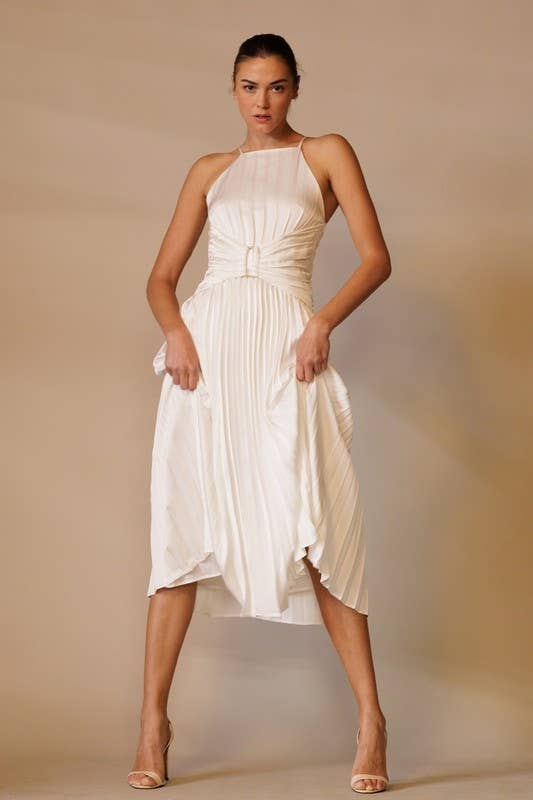 Final Sale - Apron Neck Plisse Midi Dress