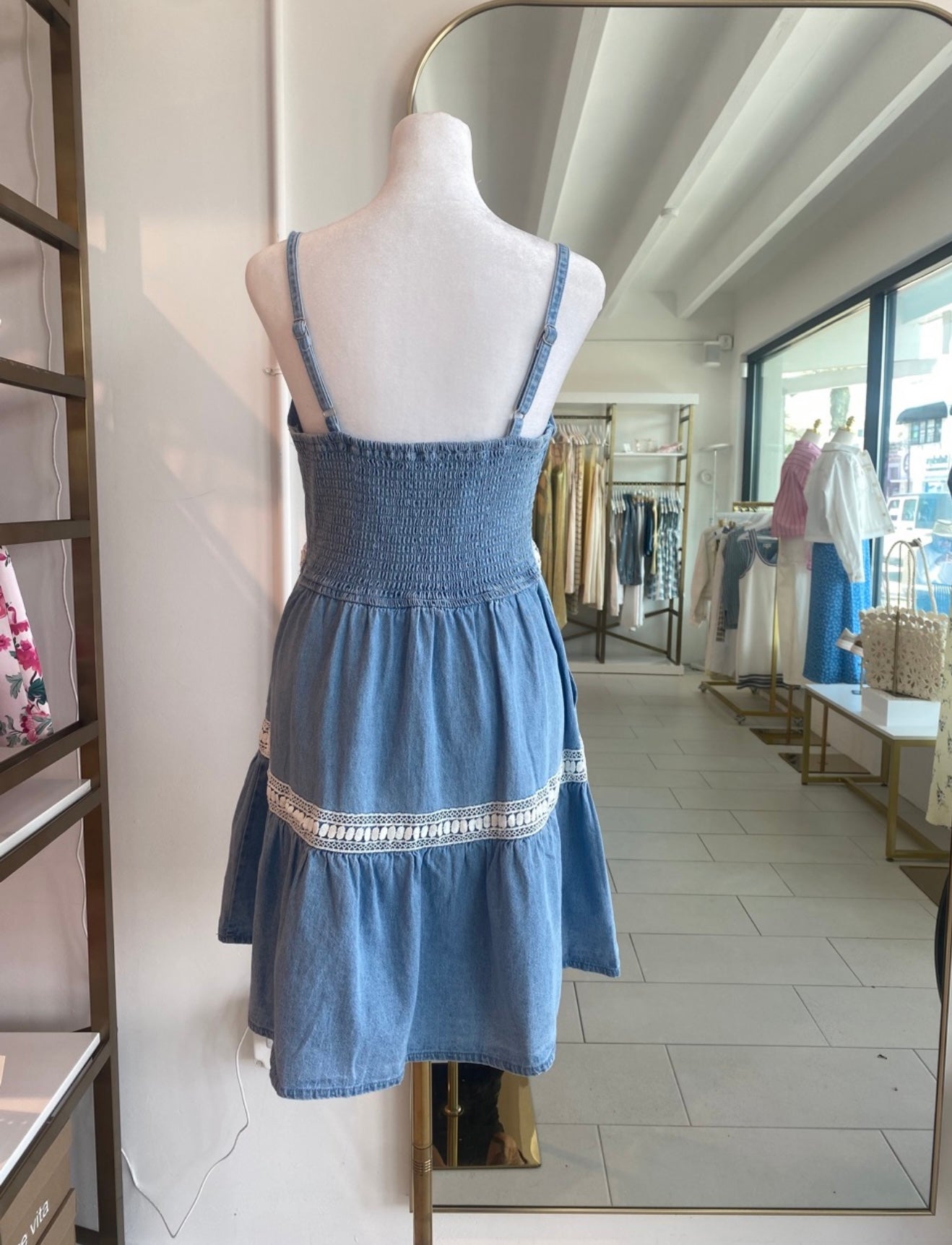 Sleeveless Lace Inserted Fit & Flare Denim Dress