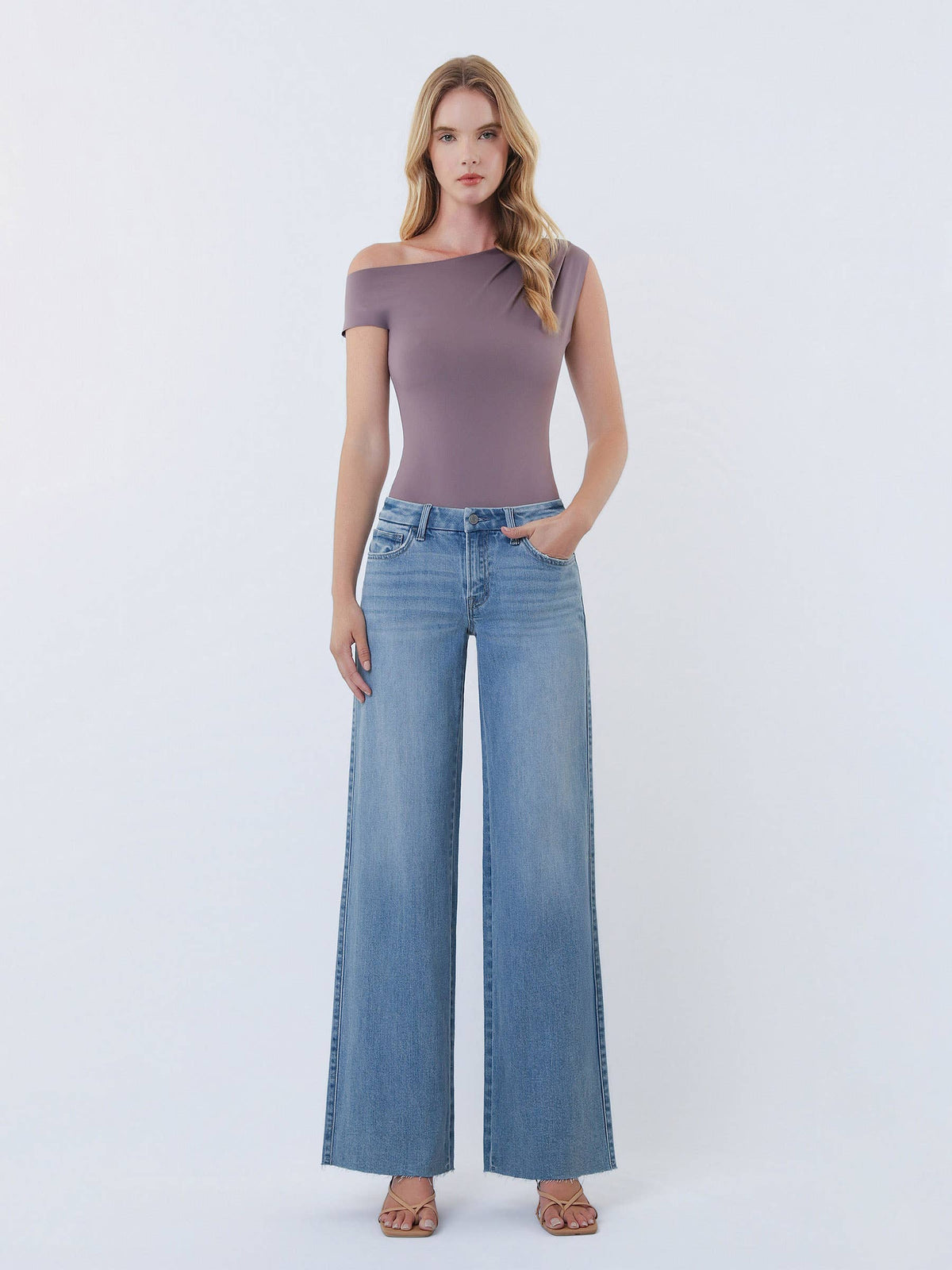 Mid Rise Clean Cut Raw Hem Wide Leg Jeans