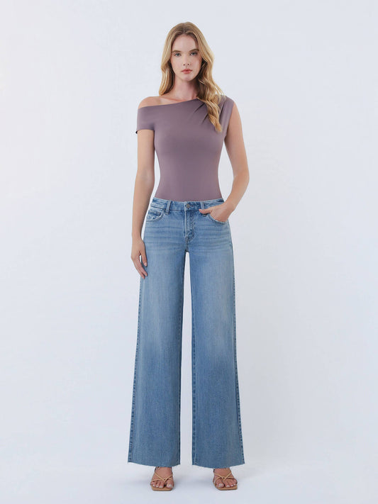 Mid Rise Clean Cut Raw Hem Wide Leg Jeans