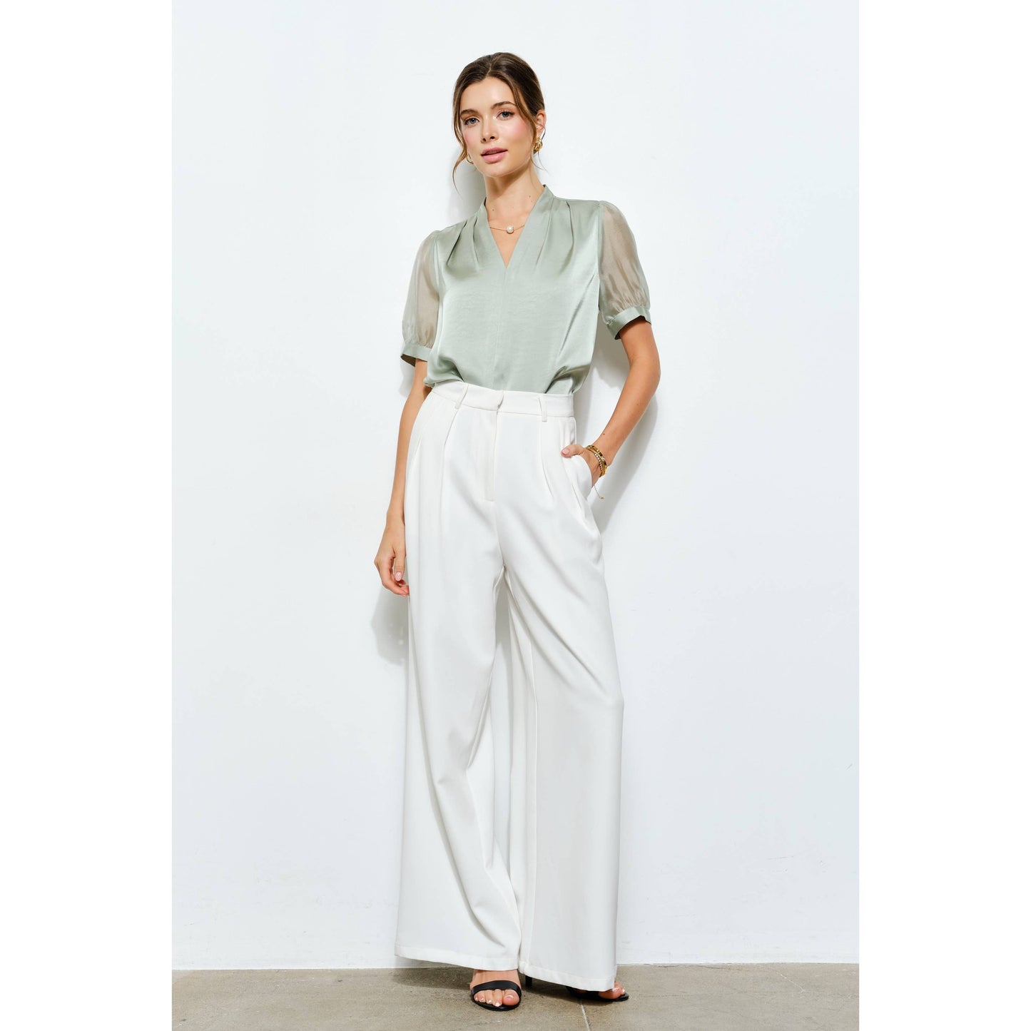 Sheer Puff Sleeve Satin V-Neck Blouse