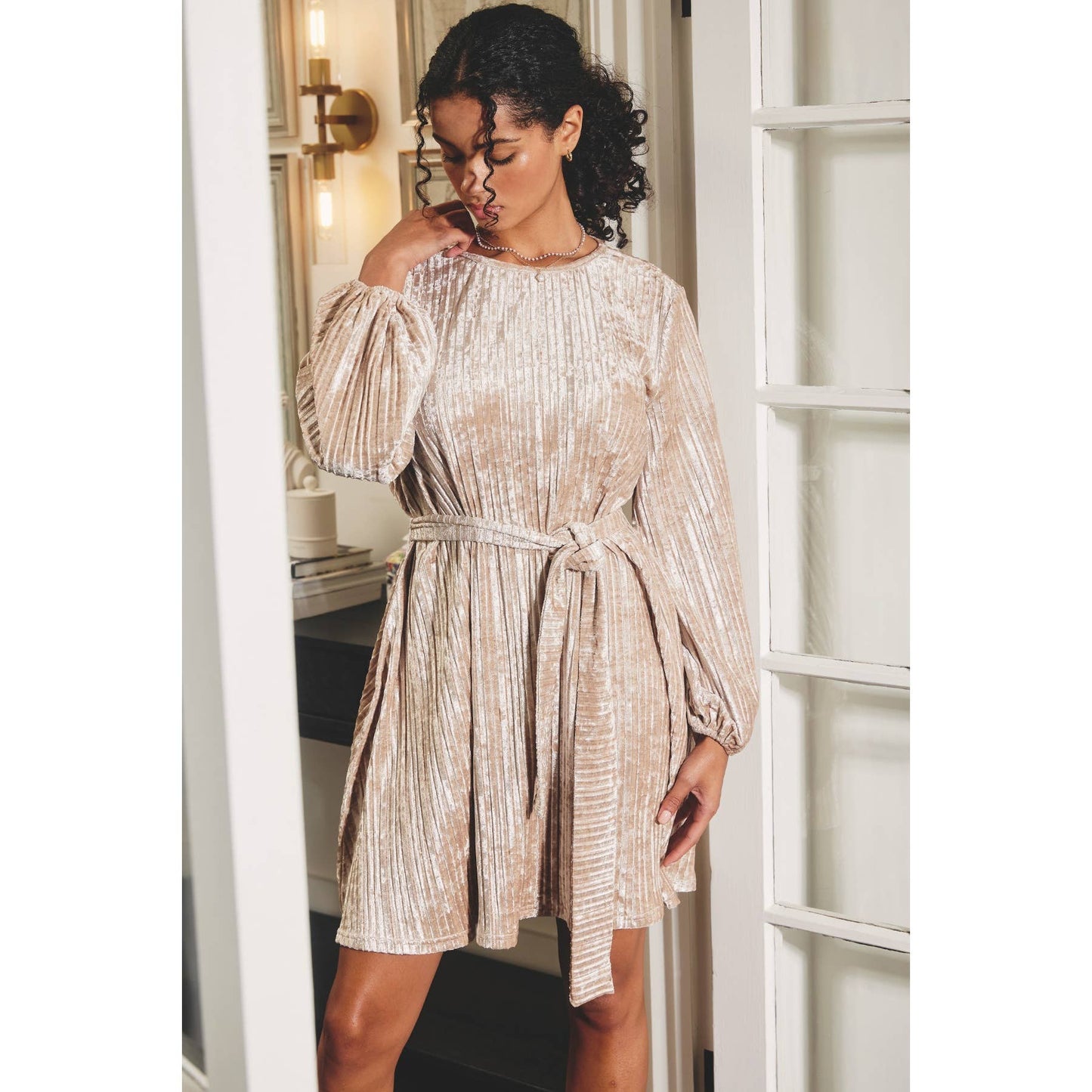 Final Sale - Velvet High Scoop Neck Sash Belt Dress