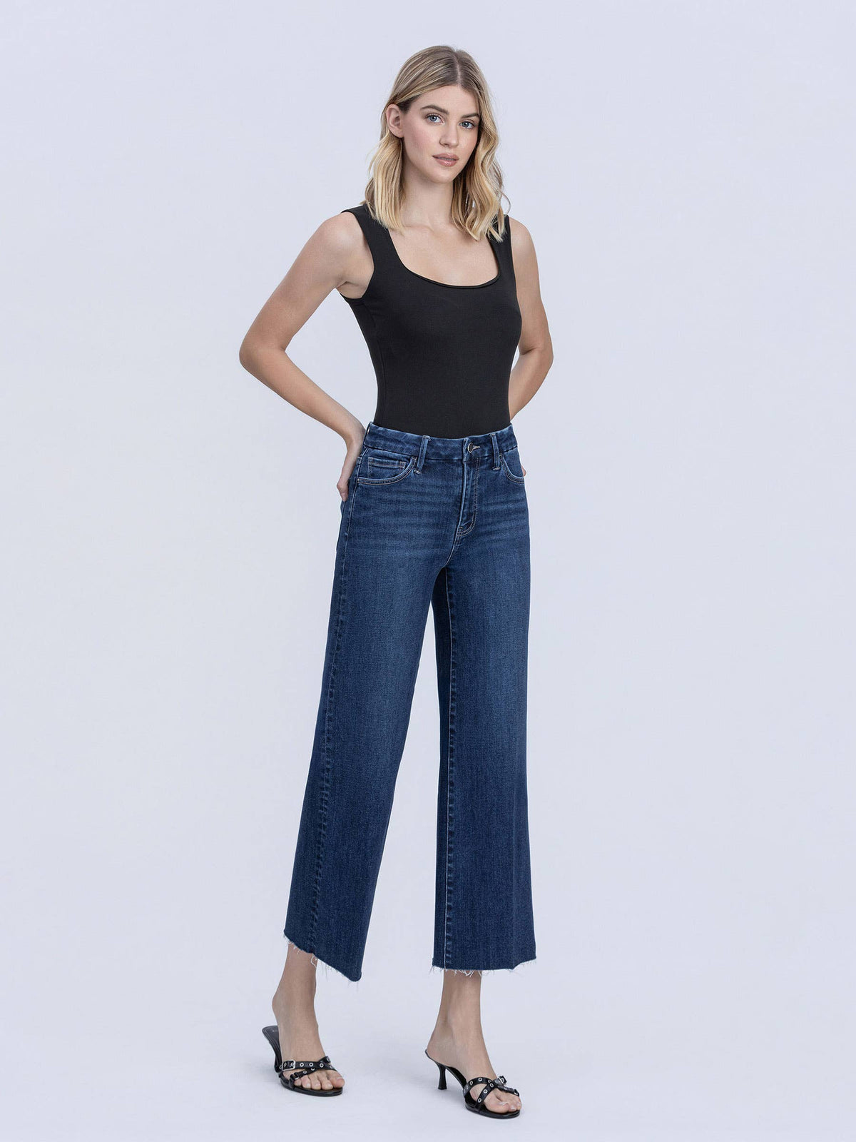 High Rise Trouser Fold Creases Crop Wide Leg Jeans