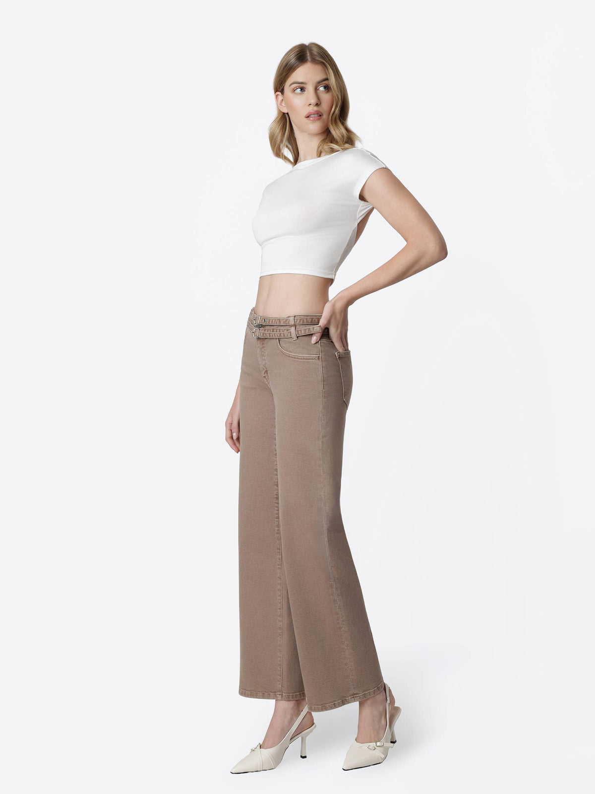 Low Rise Double Belted Mocha Wide Jeans