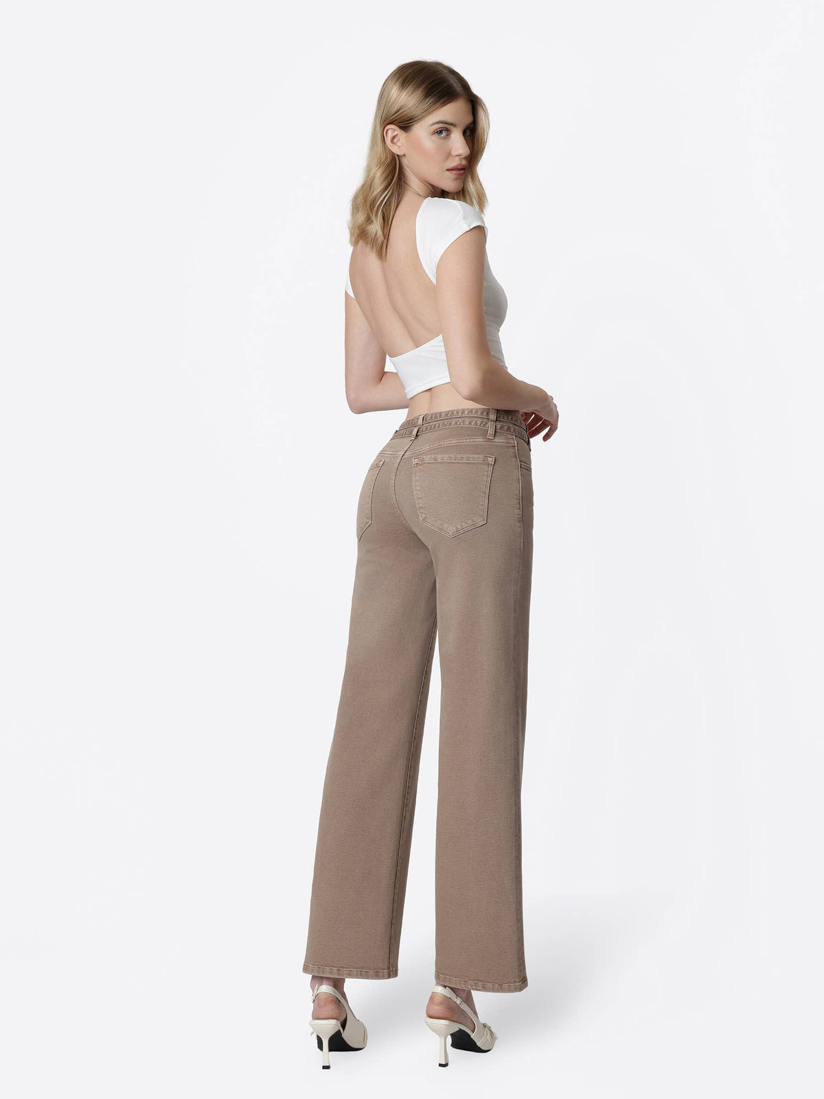 Low Rise Double Belted Mocha Wide Jeans