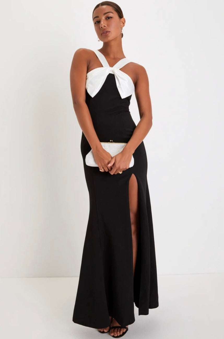 Final Sale - Black & White Bow Mermaid Maxi Dress