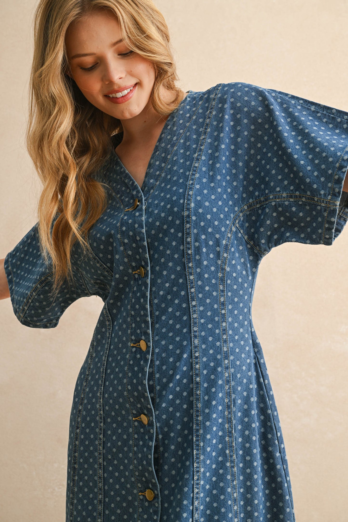 Dot Print Detail Button Front Dress