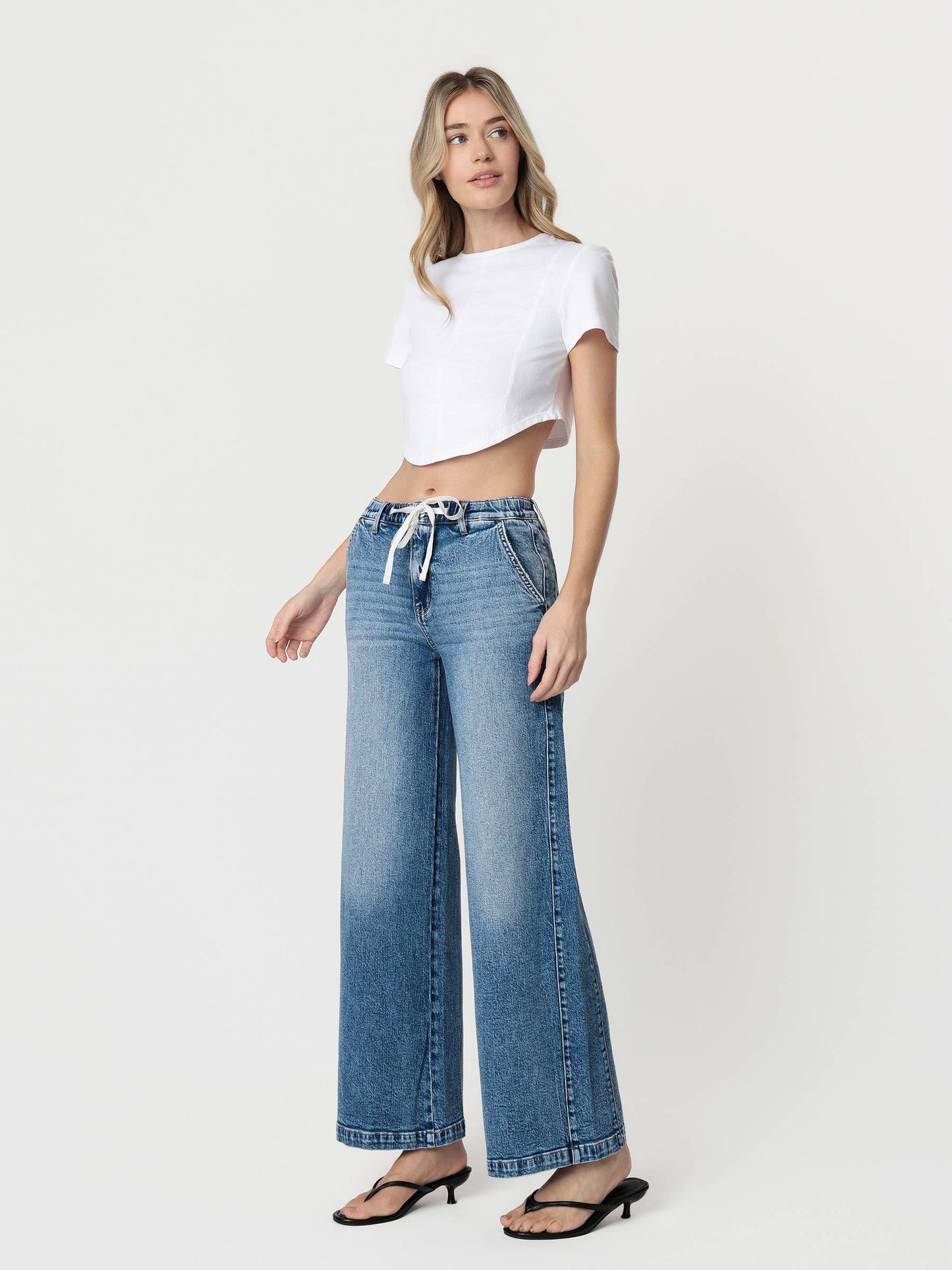 High Rise Medium Dark Waist Tie Twist Wide Jeans