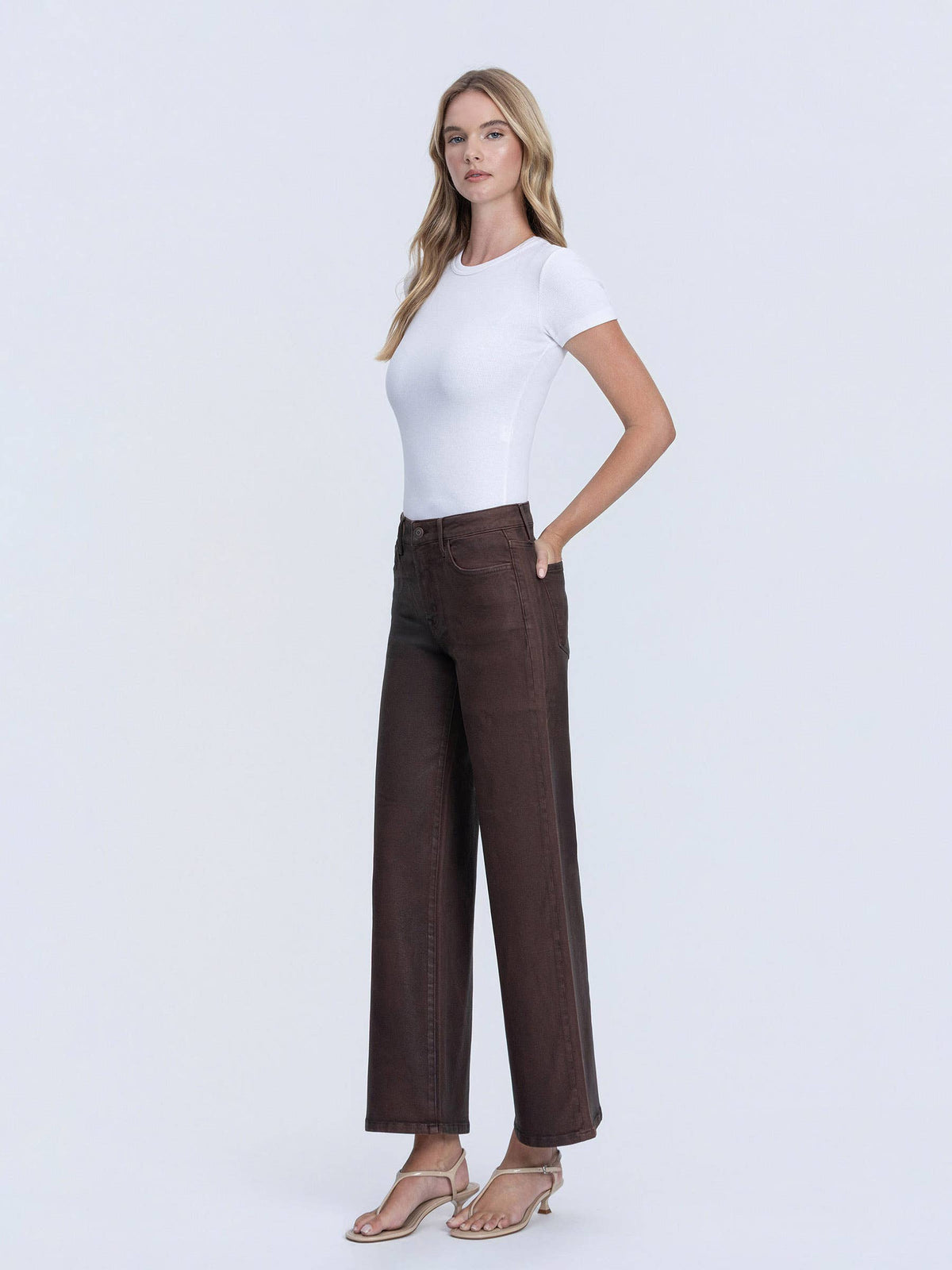 High Rise Coffee Coated Wide Leg Jeans
