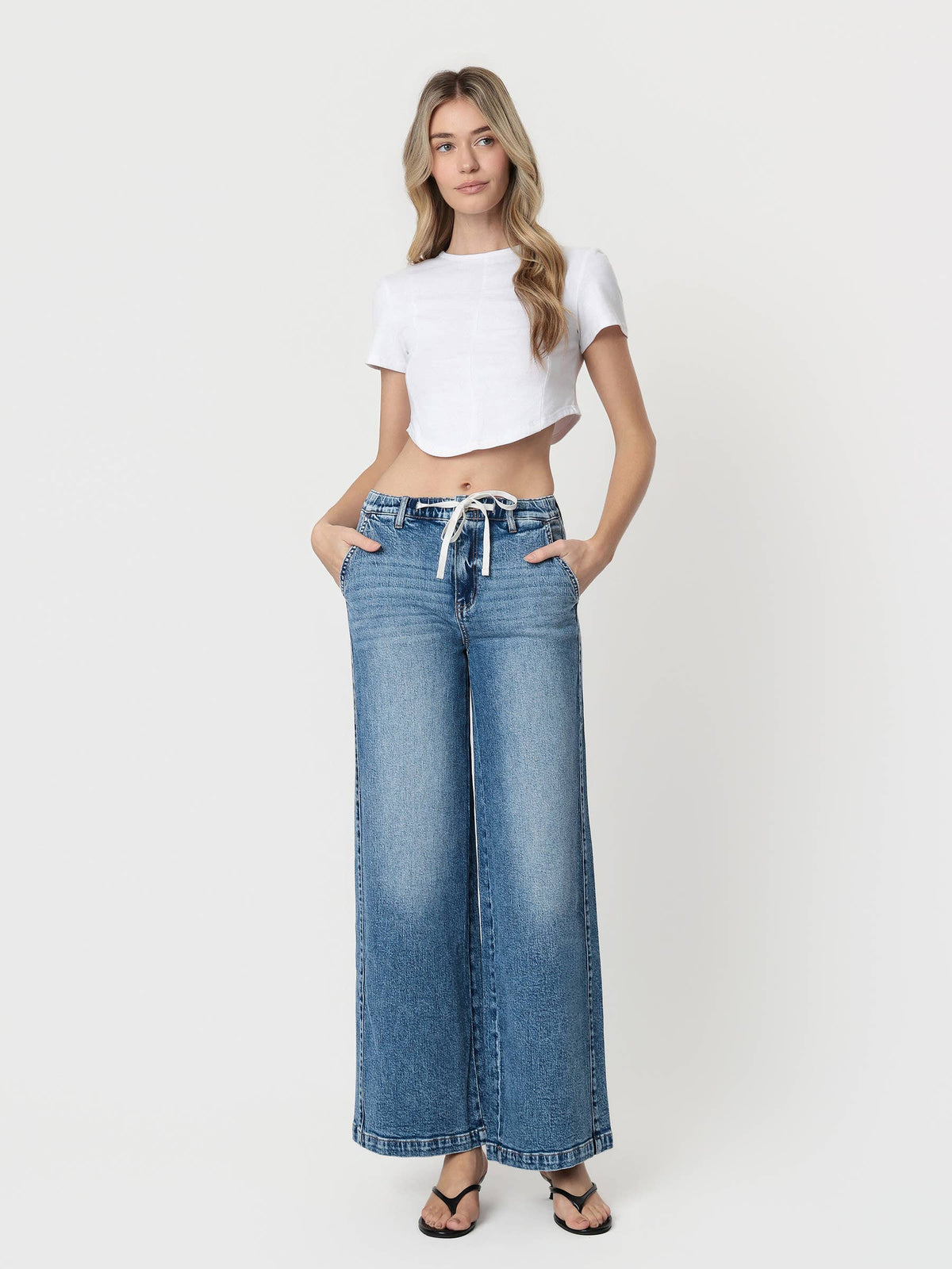 High Rise Medium Dark Waist Tie Twist Wide Jeans