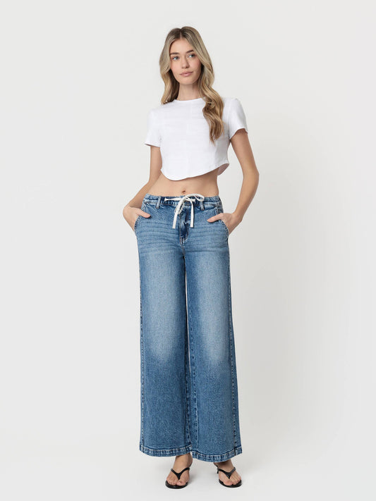 High Rise Medium Dark Waist Tie Twist Wide Jeans