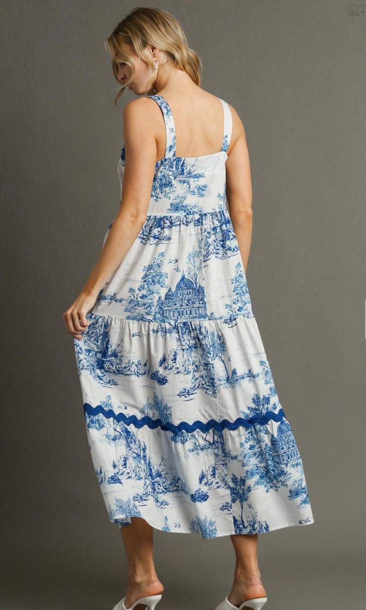 Final Sale - Two Tone Landscape Print Tiered Dress