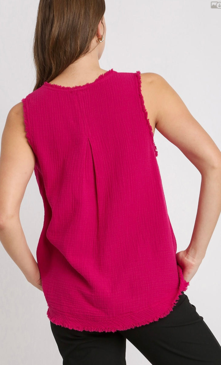Final Sale - Cotton Gauze Sleeveless, V-Neck High Low Hem Top with Fray Details