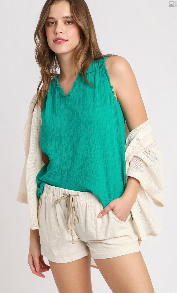 Final Sale - Cotton Gauze Sleeveless, V-Neck High Low Hem Top with Fray Details