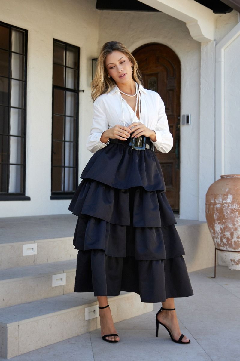 Final Sale - Deep V-Neck Tiered MIDI Dress With Accent Belt