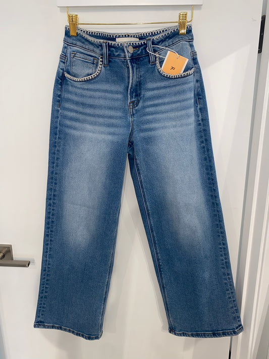 High Rise Crop Wide Jeans With Embroidered Details