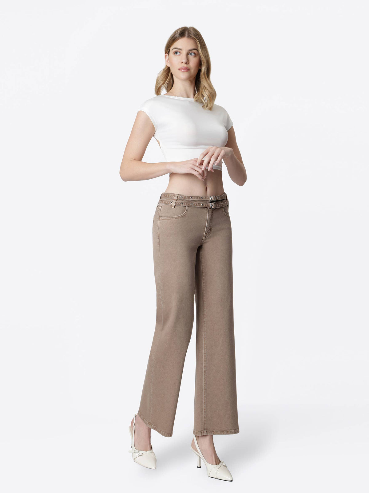 Low Rise Double Belted Mocha Wide Jeans