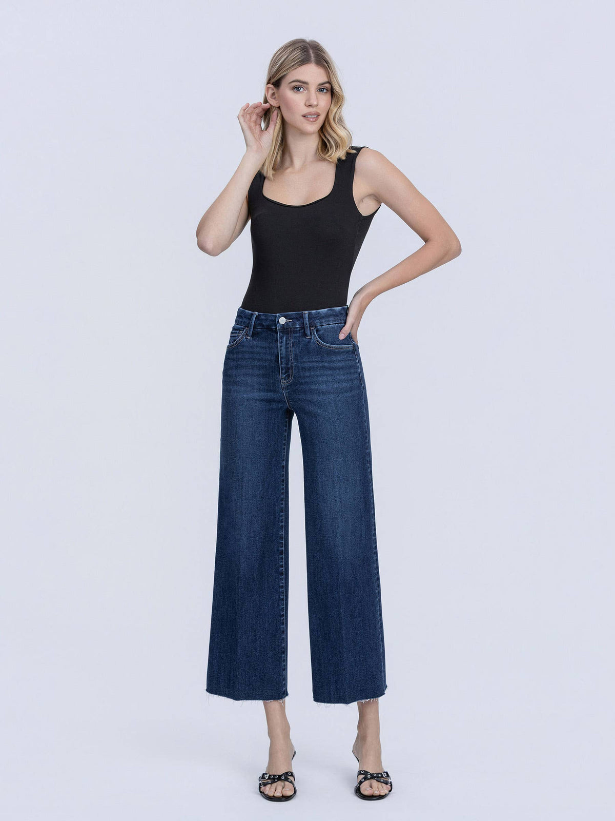 High Rise Trouser Fold Creases Crop Wide Leg Jeans