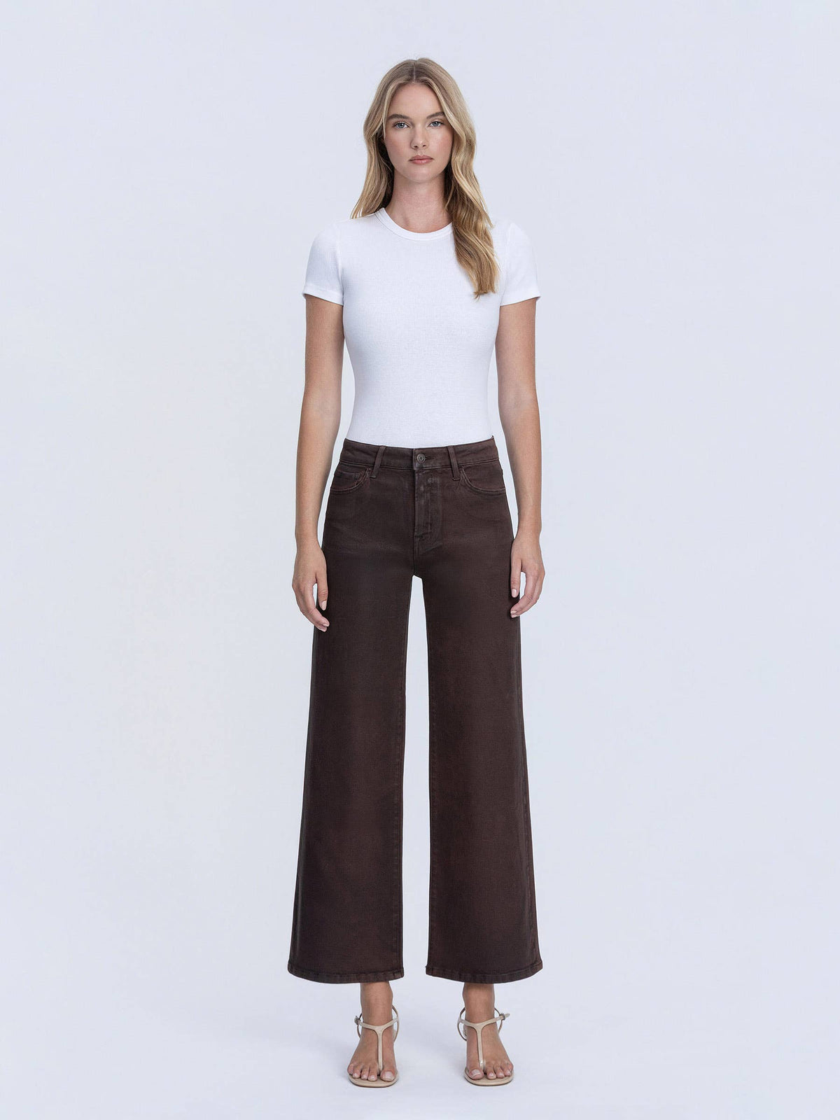 High Rise Coffee Coated Wide Leg Jeans