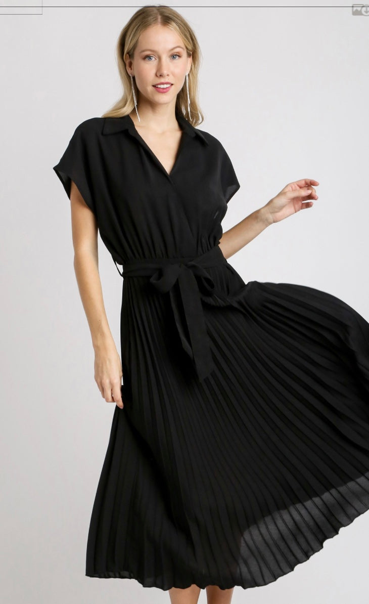 Final Sale - Collared V-Neck Pleated Midi Dress