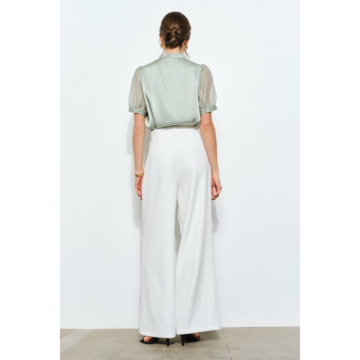 Sheer Puff Sleeve Satin V-Neck Blouse