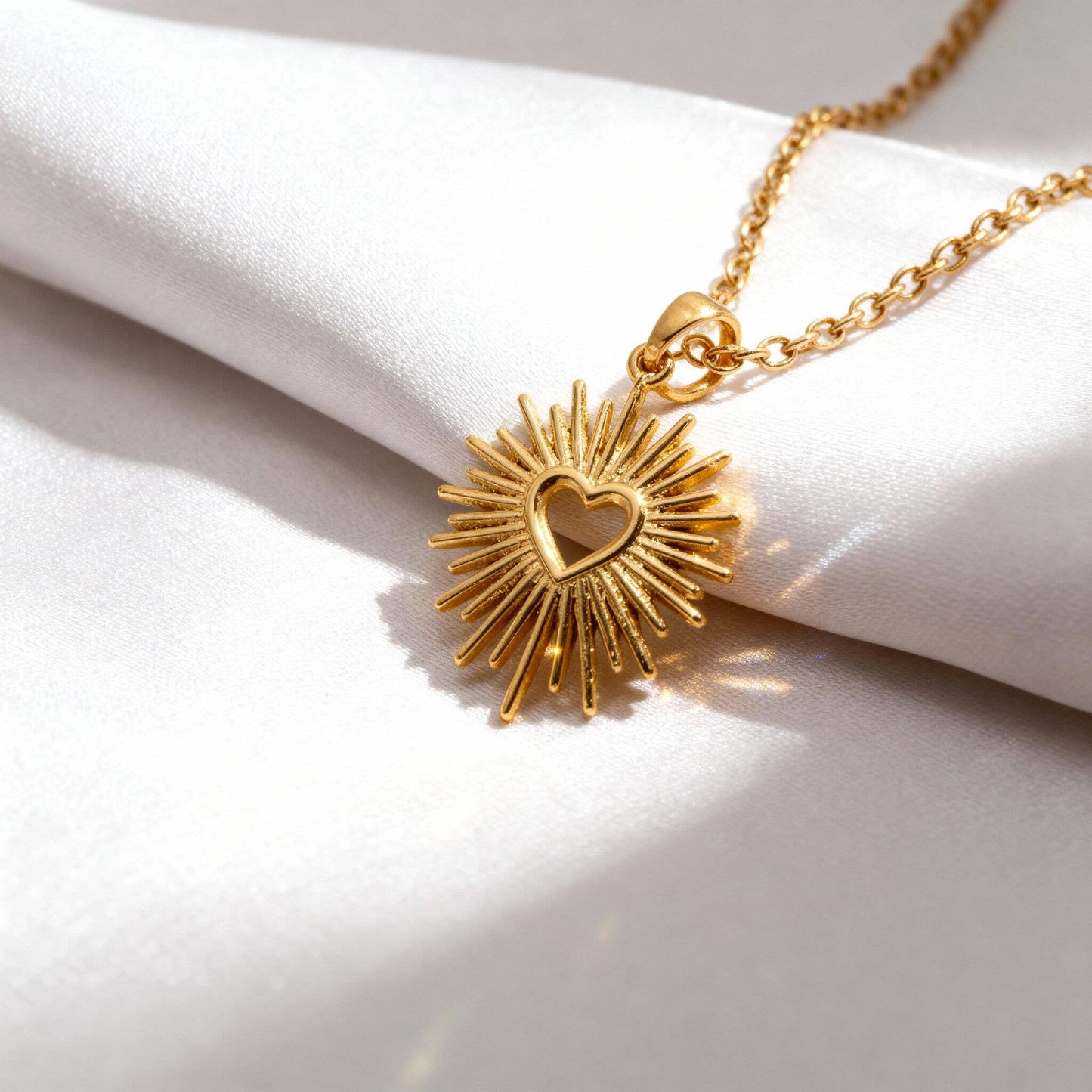 18K Gold PVD Stainless Steel Textured Sunburst Heart Charm