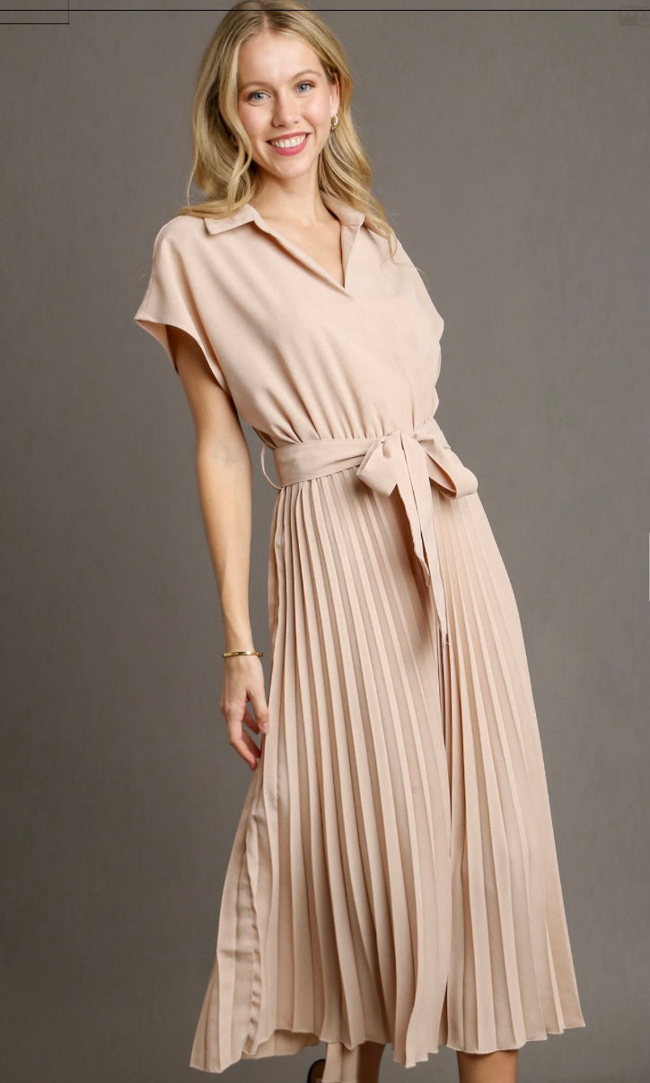 Final Sale - Collared V-Neck Pleated Midi Dress