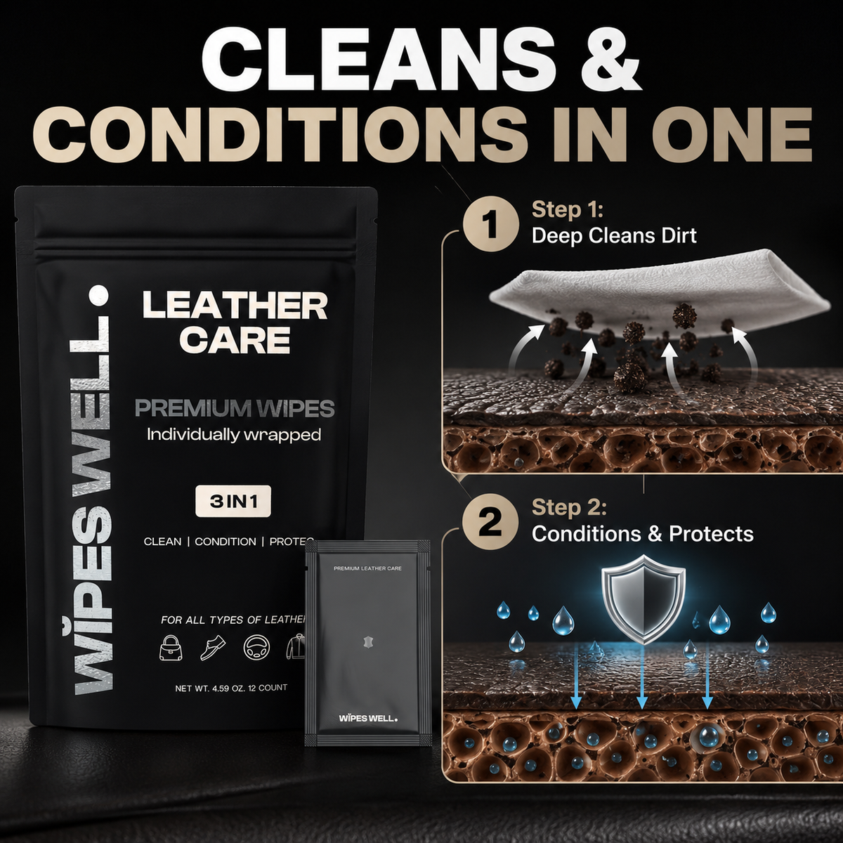 Premium Leather Care Wipes - Individually Wrapped - 12 count