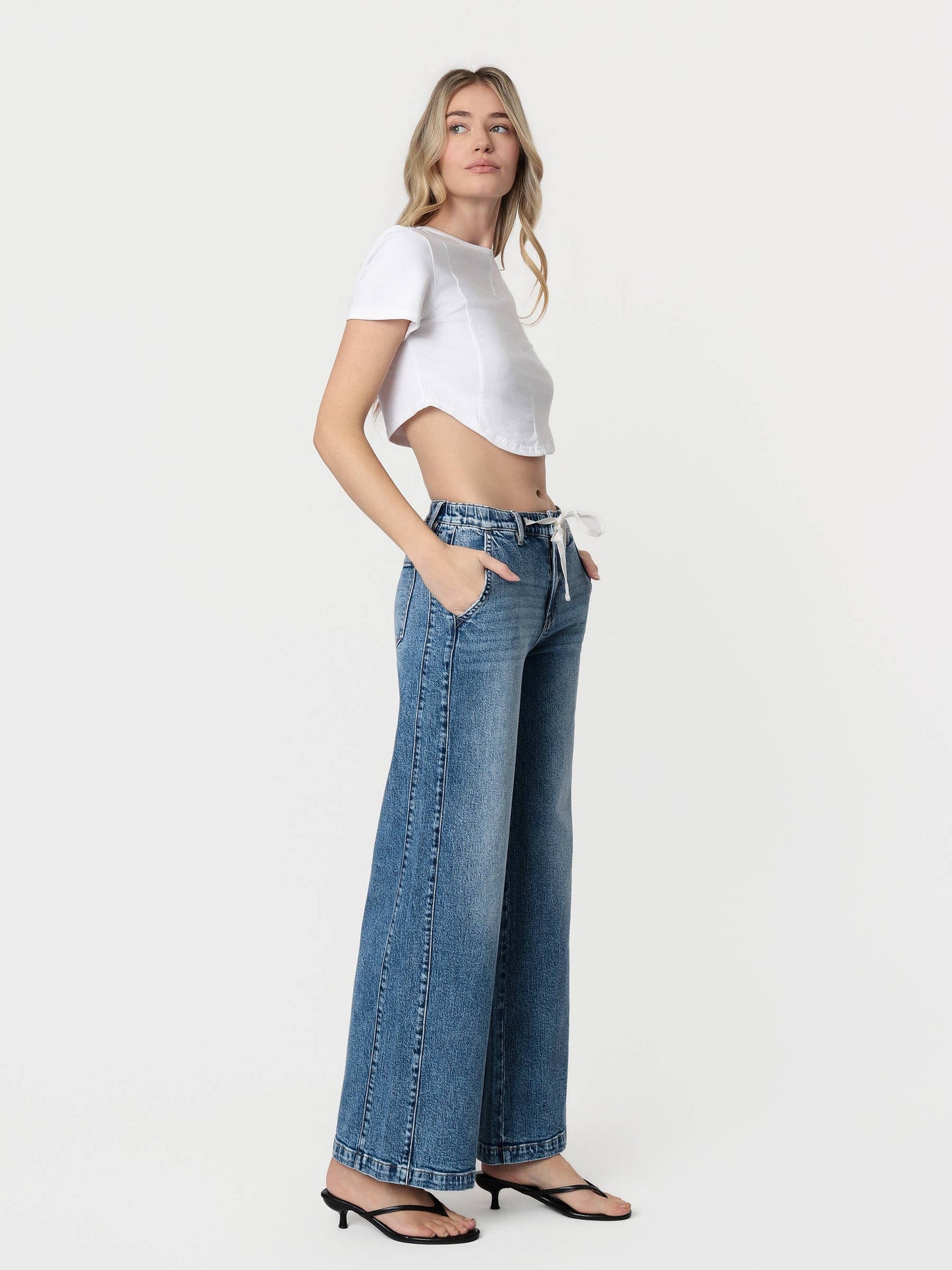 High Rise Medium Dark Waist Tie Twist Wide Jeans