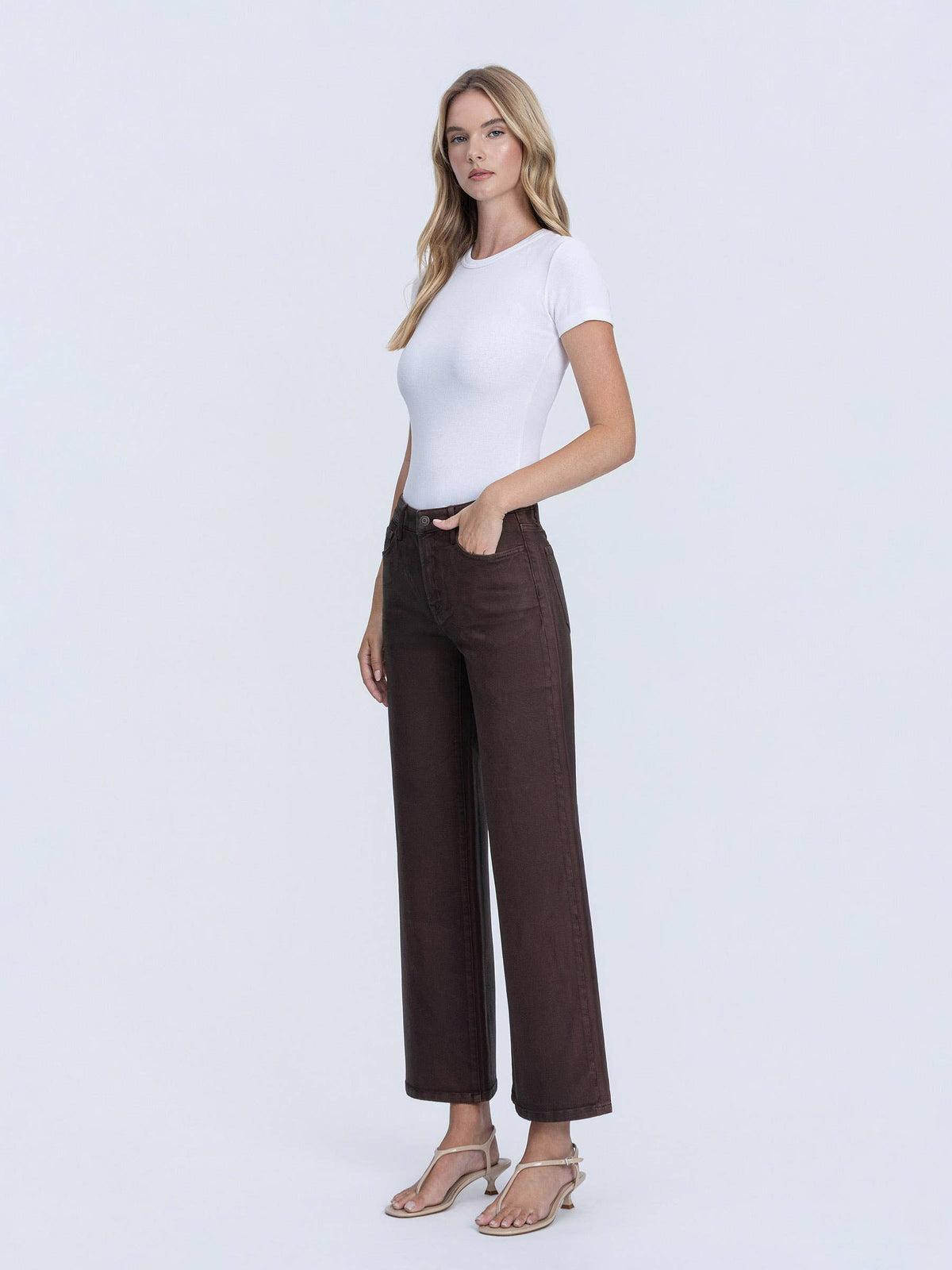 High Rise Coffee Coated Wide Leg Jeans