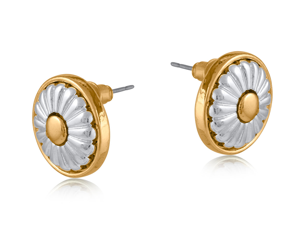 Flower Fleur Button Two Tone Earrings