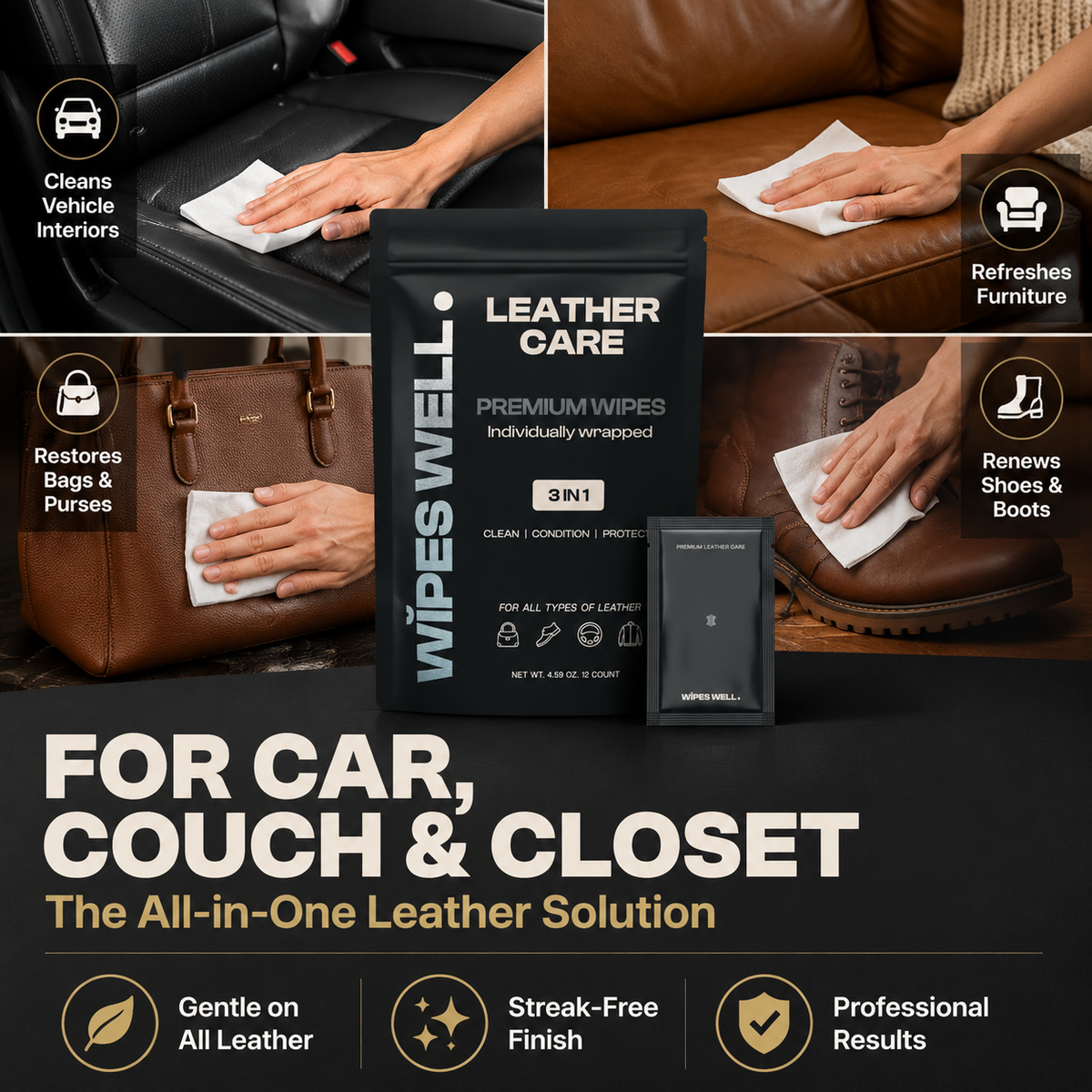 Premium Leather Care Wipes - Individually Wrapped - 12 count