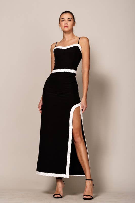 Final Sale - High Waisted Midi Skirt With Slit And Contrast